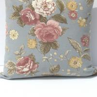 Cabbage Rose Pillow Cover, Pink & White Roses on Blue-Gray Home Décor Cotton, 17 x 17 Inches