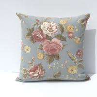 Cabbage Rose Pillow Cover, Pink & White Roses on Blue-Gray Home Décor Cotton, 17 x 17 Inches