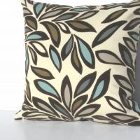 Flocked Velvet Pillow Cover, Velveteen Abstract Petals on Cotton, Turquoise, Brown, White Home Décor, 17 x 17 inches