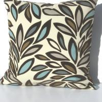 Flocked Velvet Pillow Cover, Velveteen Abstract Petals on Cotton, Turquoise, Brown, White Home Décor, 17 x 17 inches