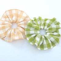 Gingham Check Linen Scrunchie, Choose from Apple Green or Pale Peach Linen Gingham Hair Accessory