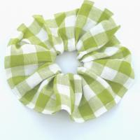 Gingham Check Linen Scrunchie, Choose from Apple Green or Pale Peach Linen Gingham Hair Accessory