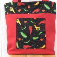 Chile Pepper Shopping Bag, Red Canvas Tote with Green, Yellow, Red and Black Chile Pepper Trim, USA Handmade