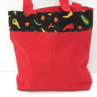 Chile Pepper Shopping Bag, Red Canvas Tote with Green, Yellow, Red and Black Chile Pepper Trim, USA Handmade