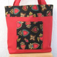 Day of the Dead Red Canvas Shopping Bag, Sacred Hearts Reusable Duck Cloth Tote, USA Handmade