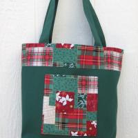 Green Canvas Shopping Bag, Red, Green, White Christmas Plaid Patchwork, Reusable Duck Cloth Tote, USA Handmade