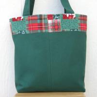 Green Canvas Shopping Bag, Red, Green, White Christmas Plaid Patchwork, Reusable Duck Cloth Tote, USA Handmade