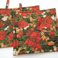 Poinsettia Potholders, Red Roses, Holly, Pomegranate, Holiday Quilted Hot Pads, USA Made Stocking Stuffer, Hostess Gift