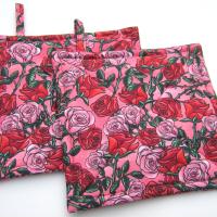 Red Roses Potholders, Pink Sweetheart Rose Quilted Hot Pads, Romance Core USA Handmade Valentine's or Hostess Gift
