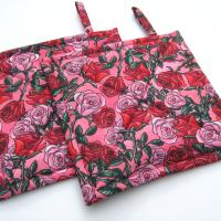 Red Roses Potholders, Pink Sweetheart Rose Quilted Hot Pads, Romance Core USA Handmade Valentine's or Hostess Gift