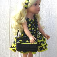 Yellow Lemons Ruffled Dress for 18-inch Doll, Yellow Bias Trim, Matching Bag and Headband, Travel or Summer Party Outfit