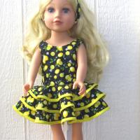 Yellow Lemons Ruffled Dress for 18-inch Doll, Yellow Bias Trim, Matching Bag and Headband, Travel or Summer Party Outfit