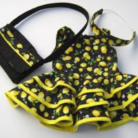 Yellow Lemons Ruffled Dress for 18-inch Doll, Yellow Bias Trim, Matching Bag and Headband, Travel or Summer Party Outfit