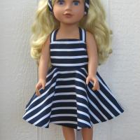 Nautical Blue White Striped Dress for 18-inch Doll, Summer Party Outfit, Cruise Collection, Matching Bag and Headband