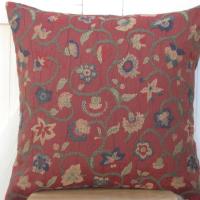 Jacobean Embroidery Pillow Cover in Rust Red Crinkle Home Décor Cotton Blend, 17 x 17 inches