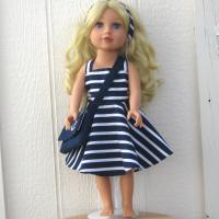 Nautical Blue White Striped Dress for 18-inch Doll, Summer Party Outfit, Cruise Collection, Matching Bag and Headband
