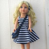 Nautical Blue White Striped Dress for 18-inch Doll, Summer Party Outfit, Cruise Collection, Matching Bag and Headband
