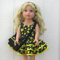 Yellow Lemons Ruffled Dress for 18-inch Doll, Yellow Bias Trim, Matching Bag and Headband, Travel or Summer Party Outfit