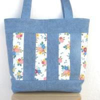 Upcycled Denim Tote, Patchwork Shopping Bag in Repurposed Light Indigo Denim & Floral Cotton, Lined Big Bag with Pockets