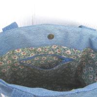 Upcycled Denim Tote, Patchwork Shopping Bag in Repurposed Light Indigo Denim & Floral Cotton, Lined Big Bag with Pockets