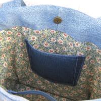 Upcycled Denim Tote, Patchwork Shopping Bag in Repurposed Light Indigo Denim & Floral Cotton, Lined Big Bag with Pockets