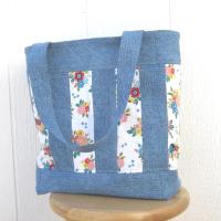 Upcycled Denim Tote, Patchwork Shopping Bag in Repurposed Light Indigo Denim & Floral Cotton, Lined Big Bag with Pockets