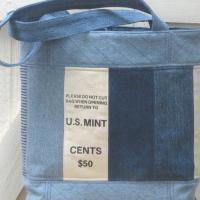 Upcycled Denim Tote in Patchwork Repurposed Blue Jeans Denim & Vintage Coin Bag Cotton, Lined Big Bag with Pockets