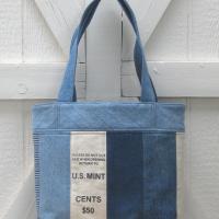 Upcycled Denim Tote in Patchwork Repurposed Blue Jeans Denim & Vintage Coin Bag Cotton, Lined Big Bag with Pockets