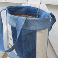 Upcycled Denim Tote in Patchwork Repurposed Blue Jeans Denim & Vintage Coin Bag Cotton, Lined Big Bag with Pockets