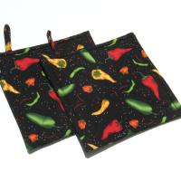 Chile Pepper Potholders, Hot Peppers Quilted Hot Pads, Handmade Hostess Gift