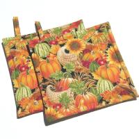 Autumn Harvest Potholders, Hot Pads w. Pumpkins, Sunflowers and Apples, USA Made Housewarming or Hostess Gift