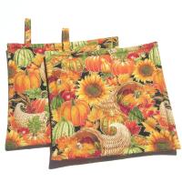 Autumn Harvest Potholders, Hot Pads w. Pumpkins, Sunflowers and Apples, USA Made Housewarming or Hostess Gift