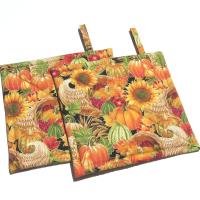Autumn Harvest Potholders, Hot Pads w. Pumpkins, Sunflowers and Apples, USA Made Housewarming or Hostess Gift