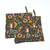 Mushroom and Sunflower Potholders, Forest Green Hot Pads, USA Hand Made Housewarming, Hostess or Mushroom Hunter Gift under $20