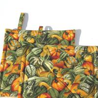 Pumpkins and Gourds Potholders. Gold and Green Quilted Hot Pads. USA Hand Made for Housewarming, Hostess Gift