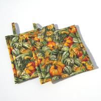 Pumpkins and Gourds Potholders. Gold and Green Quilted Hot Pads. USA Hand Made for Housewarming, Hostess Gift