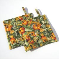 Pumpkins and Gourds Potholders. Gold and Green Quilted Hot Pads. USA Hand Made for Housewarming, Hostess Gift