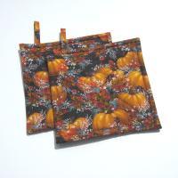 Pumpkins with Autumn Leaves and Grasses Potholders, Fall Color Foliage Quilted Hot Pads, USA Handmade Housewarming or Hostess Gift