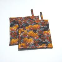 Pumpkins with Autumn Leaves and Grasses Potholders, Fall Color Foliage Quilted Hot Pads, USA Handmade Housewarming or Hostess Gift