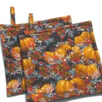 Pumpkins with Autumn Leaves and Grasses Potholders, Fall Color Foliage Quilted Hot Pads, USA Handmade Housewarming or Hostess Gift