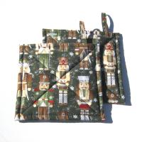 Nutcracker Potholders in Greens and Browns, Holiday Kitchen Décor Quilted Hot Pads, Handcrafted Stocking Stuffer, Housewarming or Hostess Gift