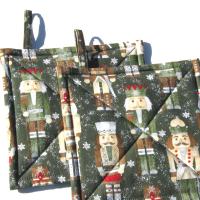 Nutcracker Potholders in Greens and Browns, Holiday Kitchen Décor Quilted Hot Pads, Handcrafted Stocking Stuffer, Housewarming or Hostess Gift