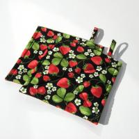 Sweetheart Strawberry Potholders, Red Berries with Leaves & Blossoms on a Black Background, USA Handcrafted Hot Pads, Housewarming Gift