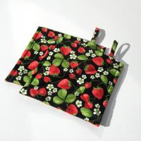 Luscious Strawberries Potholders, Red Berries with Leaves & Blossoms on a Black Background, USA Handmade Hot Pads, Housewarming Gift