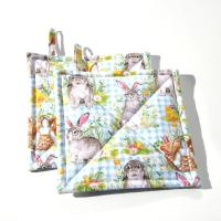 Easter Bunny Potholders, with Chicks, Flowers and Easter Eggs on a Gingham Background, USA Handmade Hot Pads, Housewarming Gift