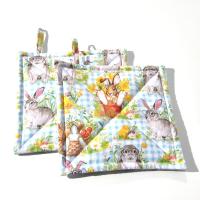 Easter Bunny Potholders, with Chicks, Flowers and Easter Eggs on a Gingham Background, USA Handmade Hot Pads, Housewarming Gift