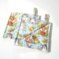 Easter Bunny Potholders, with Chicks, Flowers and Easter Eggs on a Gingham Background, USA Handmade Hot Pads, Housewarming Gift