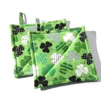 Shamrock Potholders with Dots and Stripes on a Green Background, St Patrick's Day Décor, USA Handmade Hot Pads, Housewarming Gift