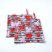 Sweetheart Potholders, Pink & Red Hearts, Black White Stripes Quilted Hot Pads, USA Handcrafted Gift, Housewarming, Hostess, Valentines Gift