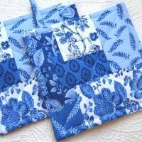 Faux Patchwork Potholders in Blue and White, Spring and Summer Kitchen Décor, Quilted Hot Pads, Handmade Mother's Day or Quilter's Gift